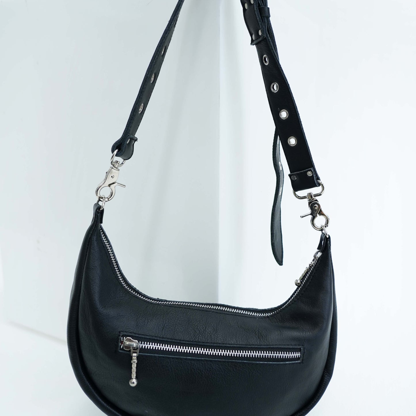 hand made alt style leather handbag with zip on the back