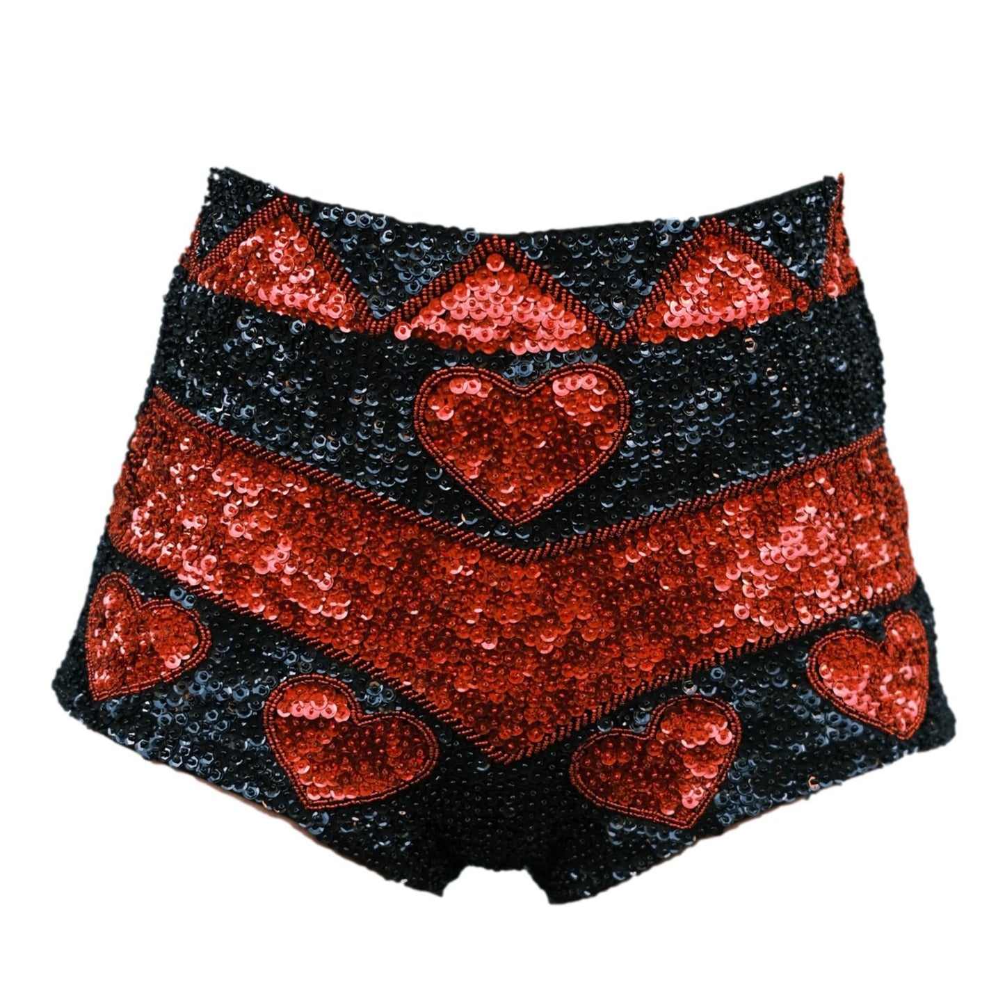 Handmade black and red sequin hot pants with love heart design, perfect for festival outfits. Ideal for festivals like Burning Man and Shambhala, pairs with matching crop top.