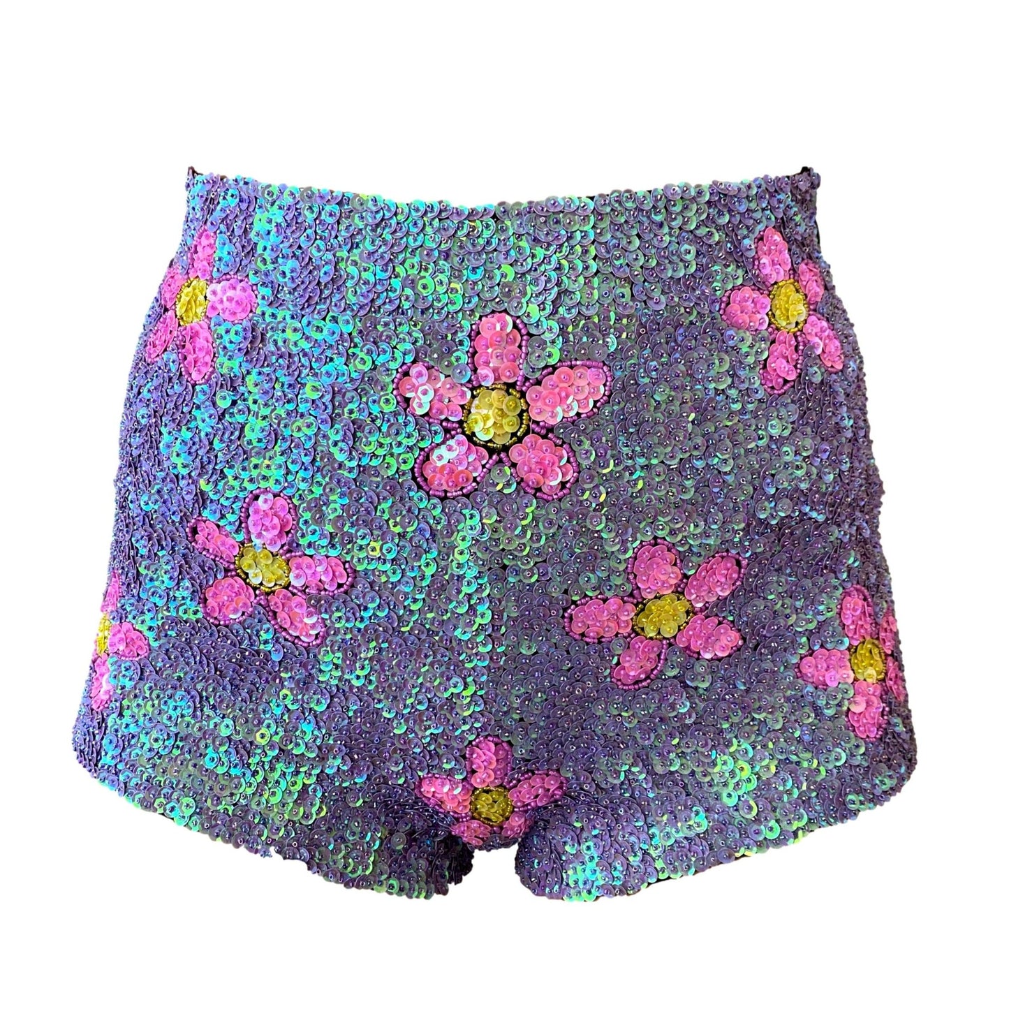 Handmade festival hot pants in vibrant pink and purple with floral sequins. Perfect for festival wear and Taylor Swift concert outfits. Stylish, eye-catching, and comfortable.