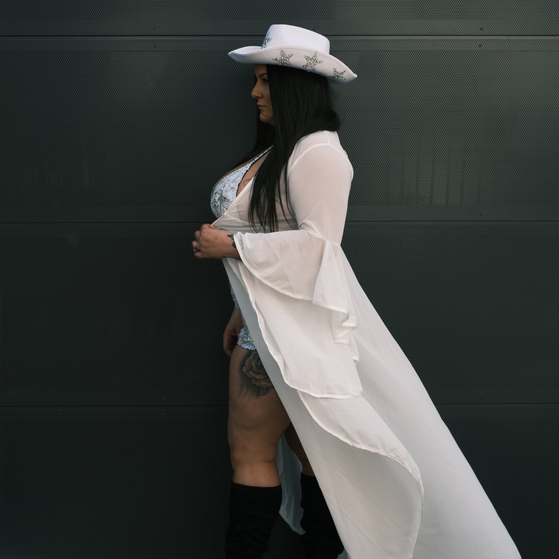 Handmade ivory mesh bridal kimono featuring hand-beaded 'Bride' in sequins. Perfect for a chic hens party outfit, bridal showers, bachelorette parties, or as a sophisticated bride gown for the morning of the wedding.