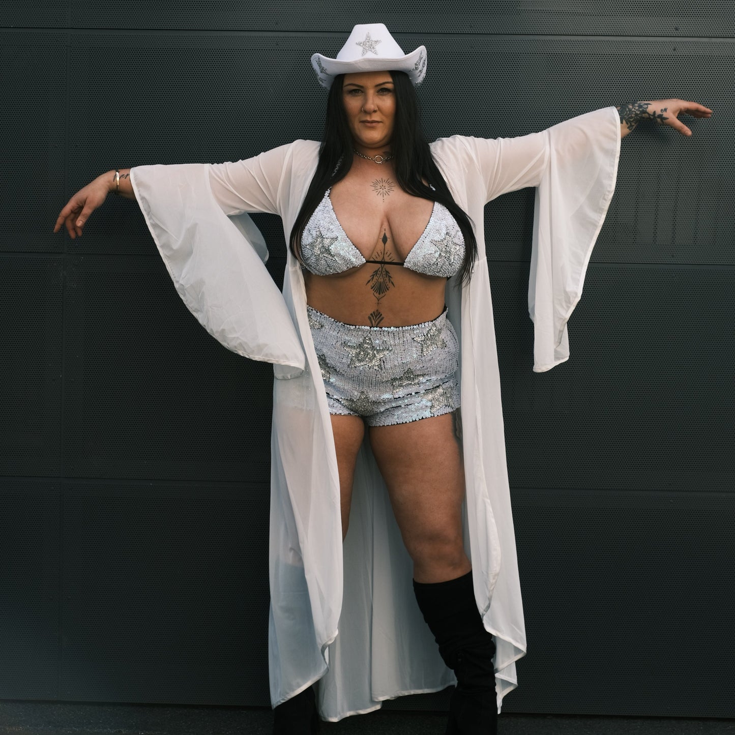 Elevate your hens party outfit with this handmade ivory mesh bridal kimono, adorned with sequined 'Bride' hand-beading. Perfect for bachelorette parties, bridal showers, and as a glamorous bride gown for the morning of the wedding.