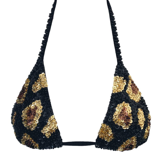 Black sequin triangle crop top with gold leopard print design to pair with matching sequin shorts for festival outfit