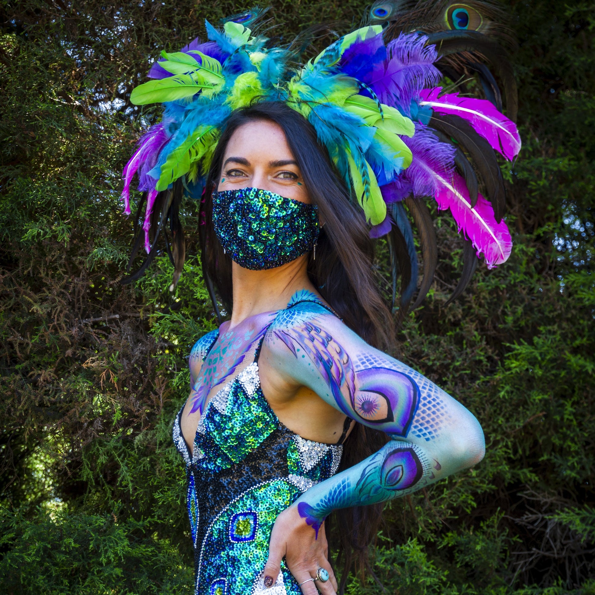Mystic Mermaid Sequins, Be a goddess in this beautiful hand sequined tassel mermaid green/blue bodysuit, mermaid pattern face mask, face covering, dust mask, covid-19 mask.