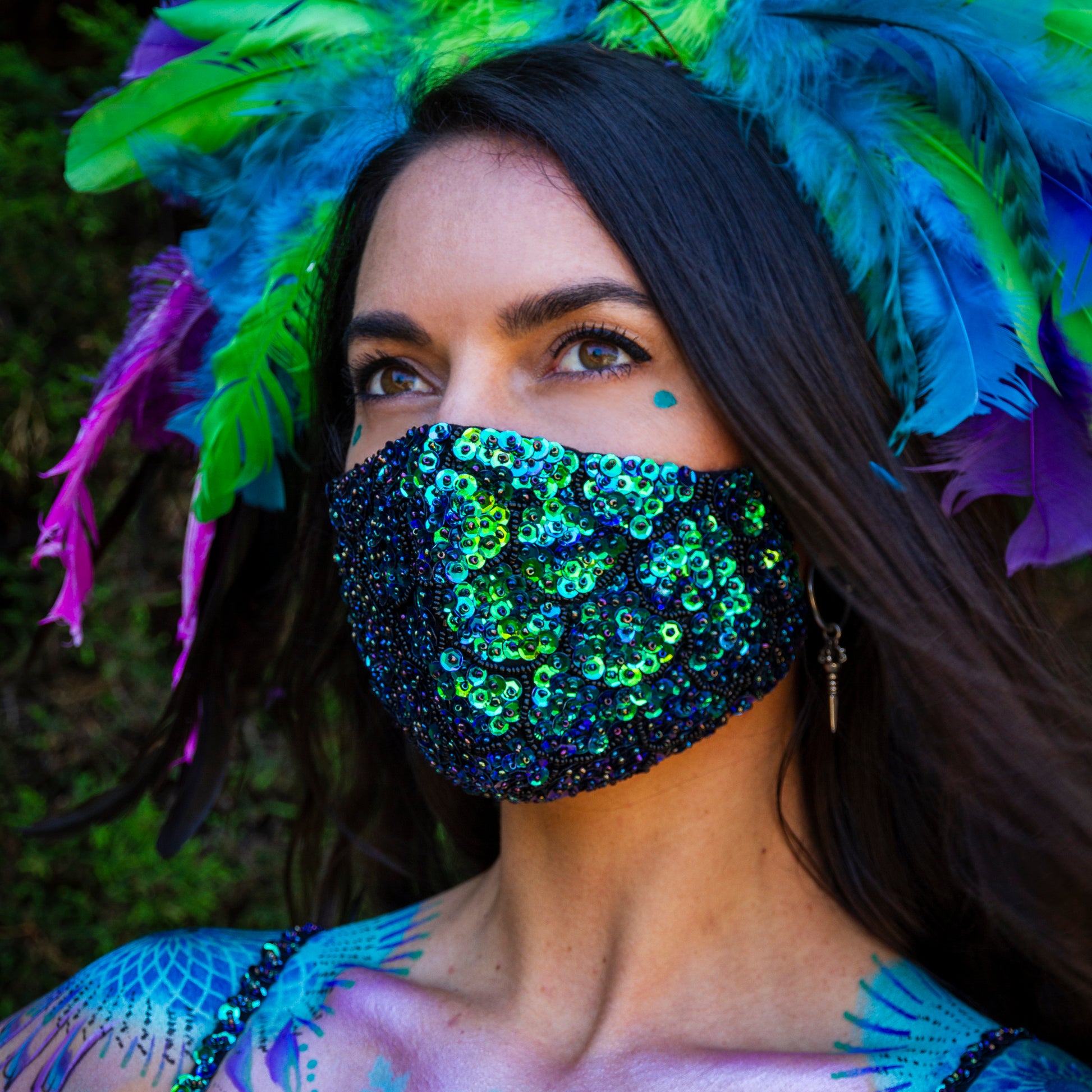Mermaid Pattern Sequin Face Mask, Ziji The Label, COVID-19 face mask, festival dust mask, face covering, festival outfit, rave wear, festival look.