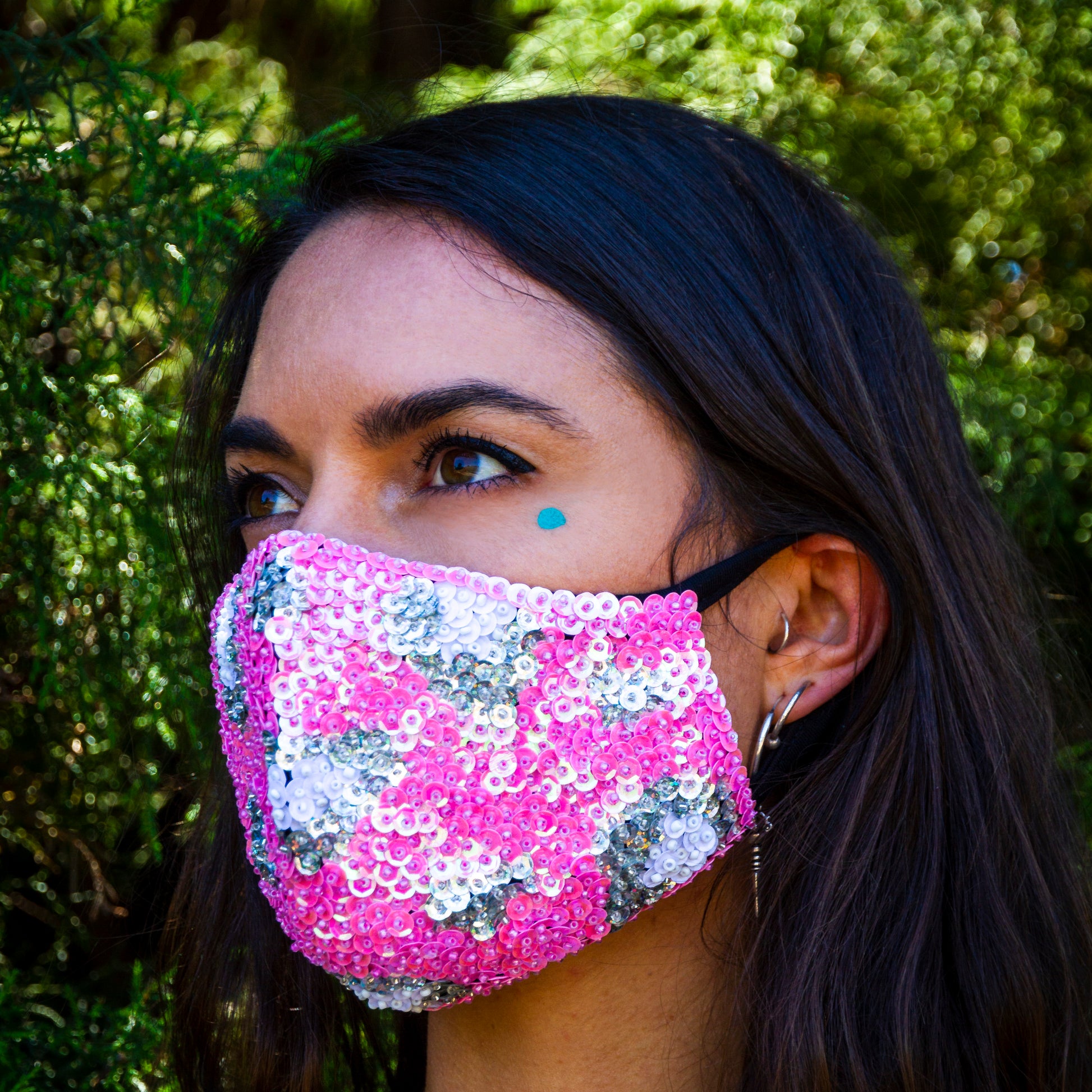 Pink Sequin Face Mask, hand made and hand beaded sequin face covering, dust mask, festival wear, festival accessory, festival fashion, rave wear, rave outfit.