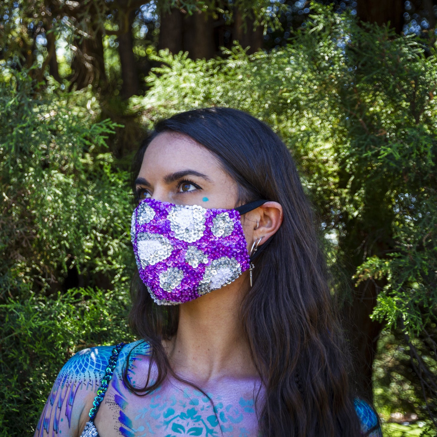 Purple Sequin Face Mask, leopard print pattern, face mask, dust mask, face covering, festival accessory, festival wear, festival fashion, festival mask.