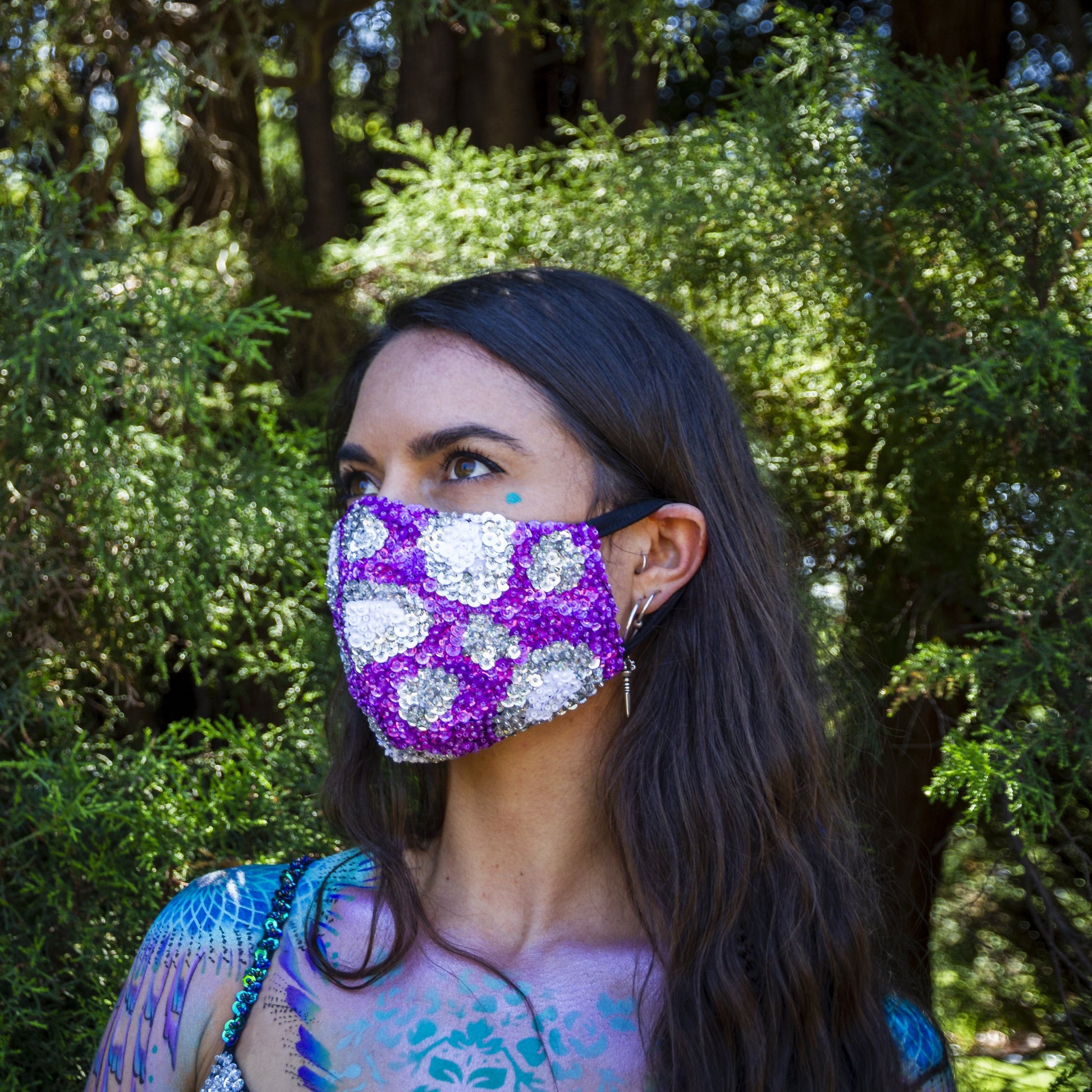 Purple Sequin Face Mask, leopard print pattern, face mask, dust mask, face covering, festival accessory, festival wear, festival fashion, festival mask.