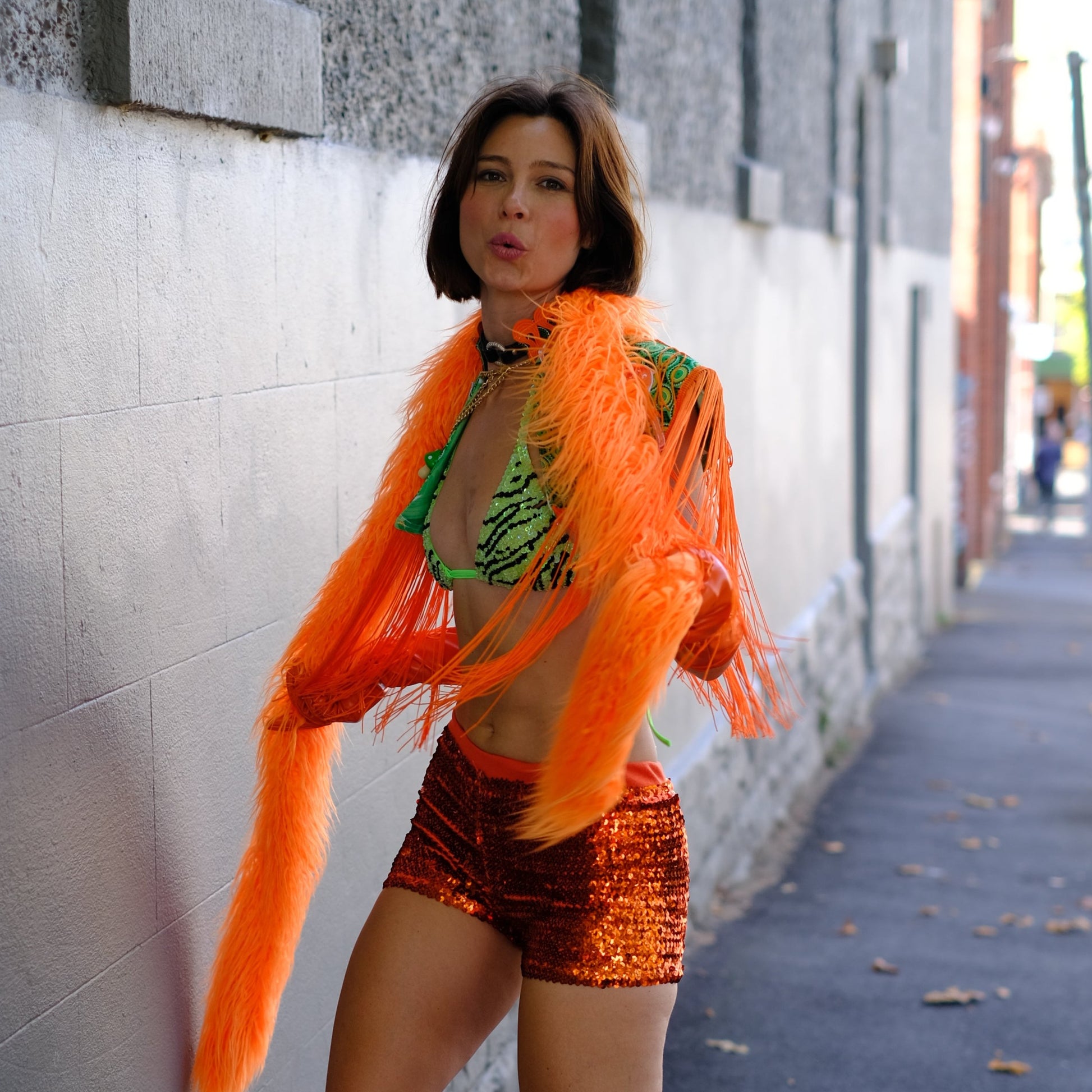 hand made sequin festival outfits with green zebra bikini crop top