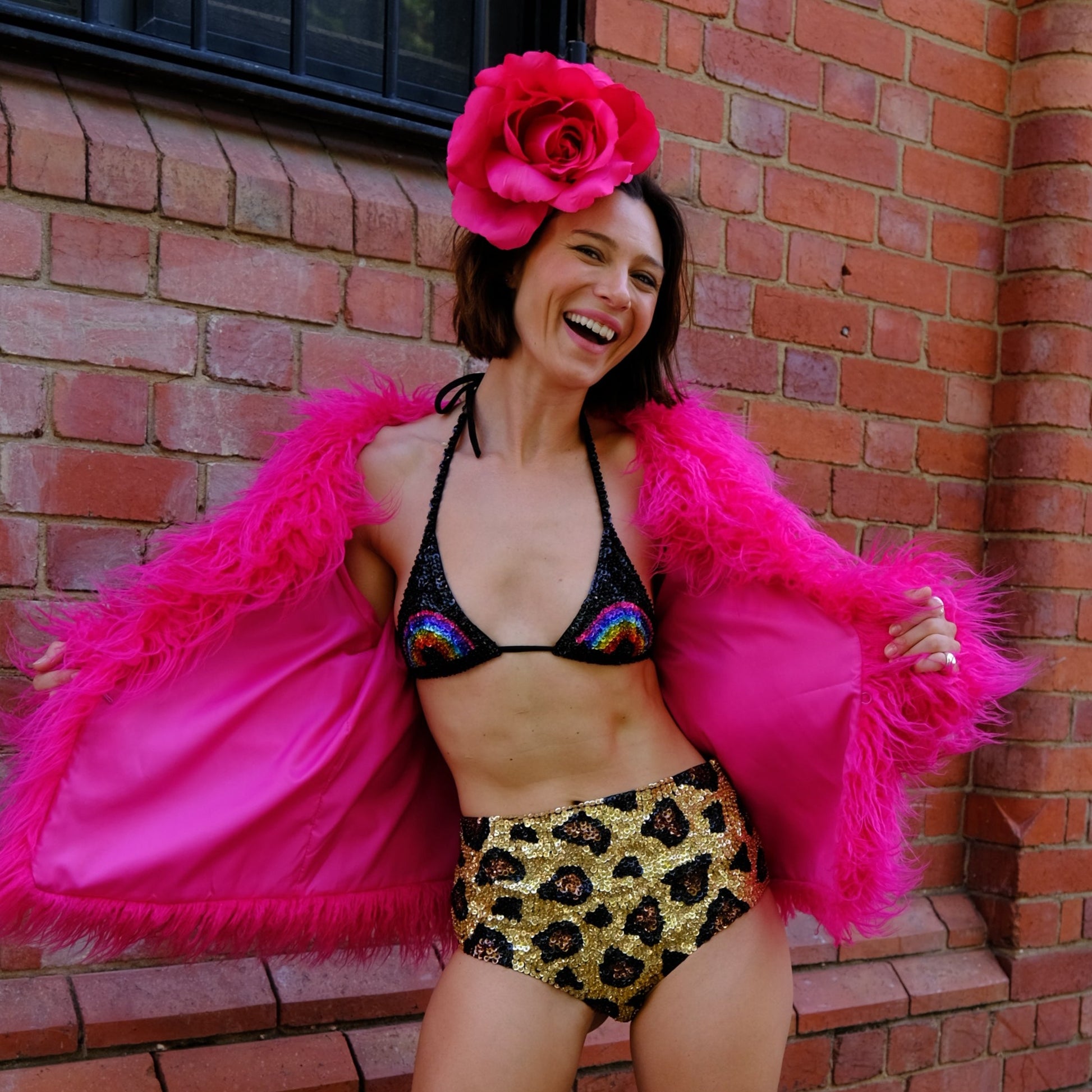 hand made sequin festival outfits in rainbow and gold leopard print designs