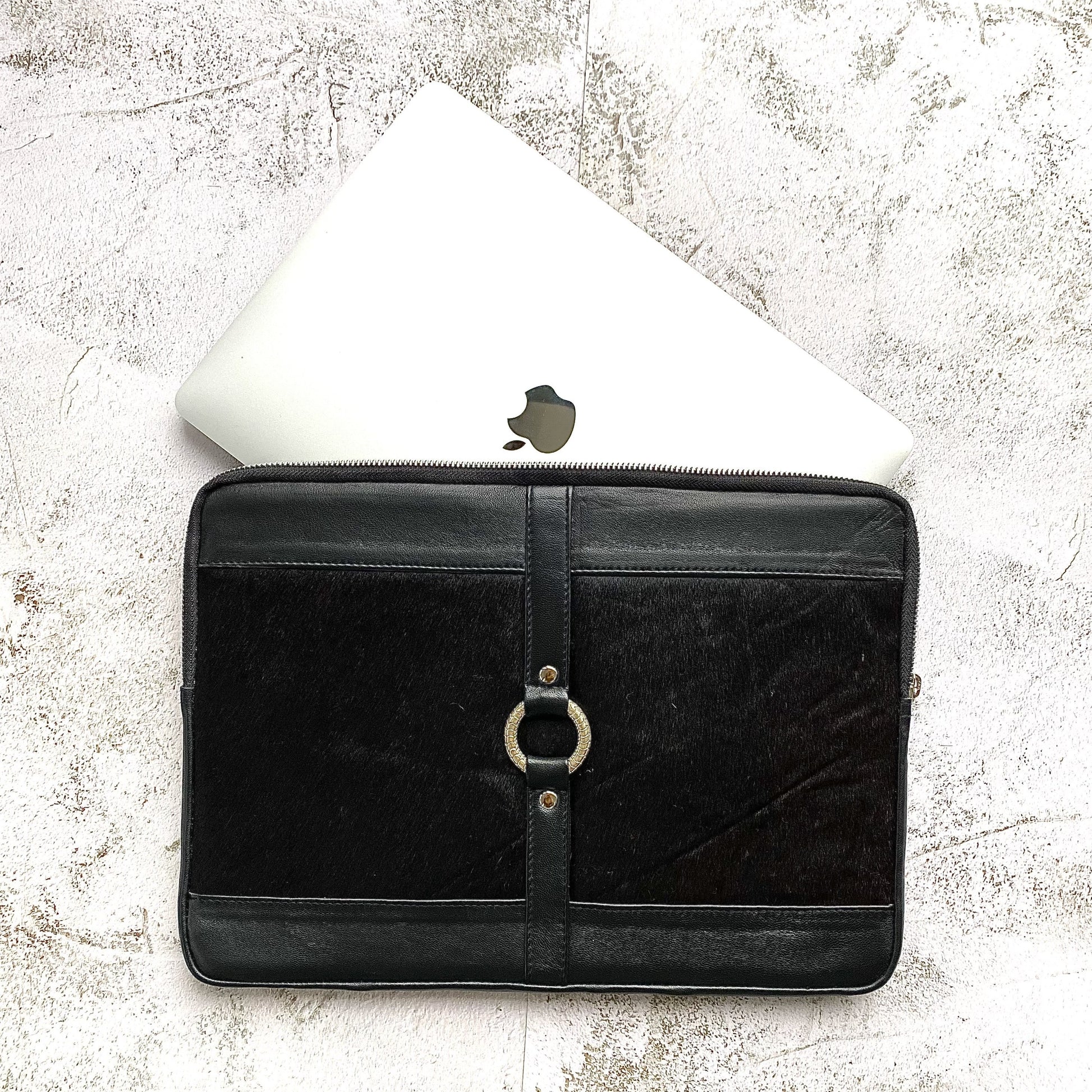 Black laptop case for MacBook or iPad, Apple, corporate laptop bag, leather, hand made, genuine, designer, silver zip and hardware, ring front, zip pocket, padded, microfibre lining.