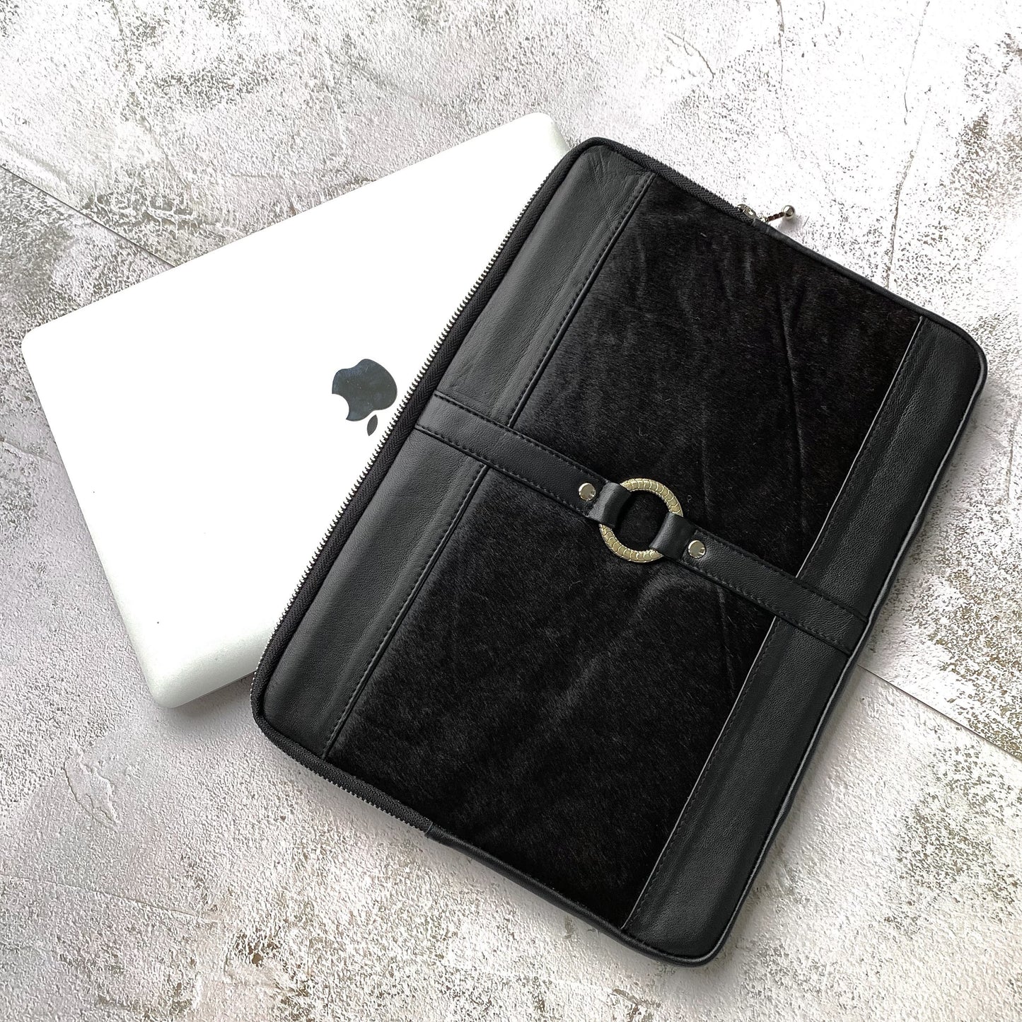 Sleek, sexy and slimline black leather laptop bag with silver hardware, silver details, zip pocket, zip closure, designer, apple, macbook, ipad.