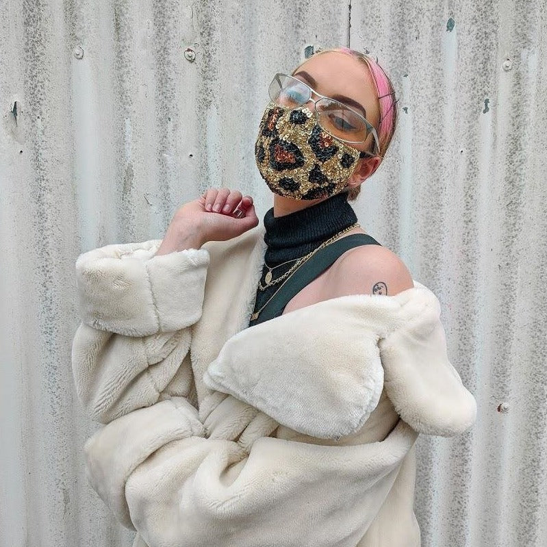 Sequin Face Mask Leopard Print, face covering with a festival style ready for burning man festival or splendour in the grass.