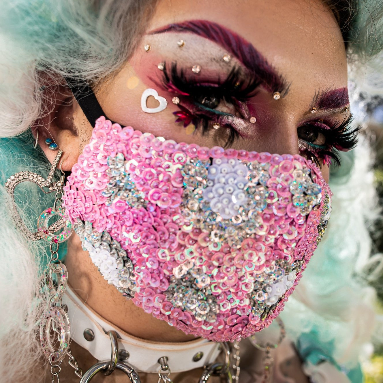 Pink Sequin Face Mask, Dust Mask, pink leopard print face mask, bespoke face mask, sparkly face covering, dust mask, festival fashion, festival wear.