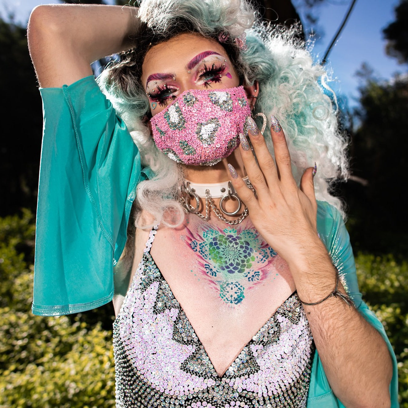 Sequin Festival Wear, drag queen fashion, drag queen makeup, festival outfit, festival costume, hand made sequin pieces, unique and pretty face mask.