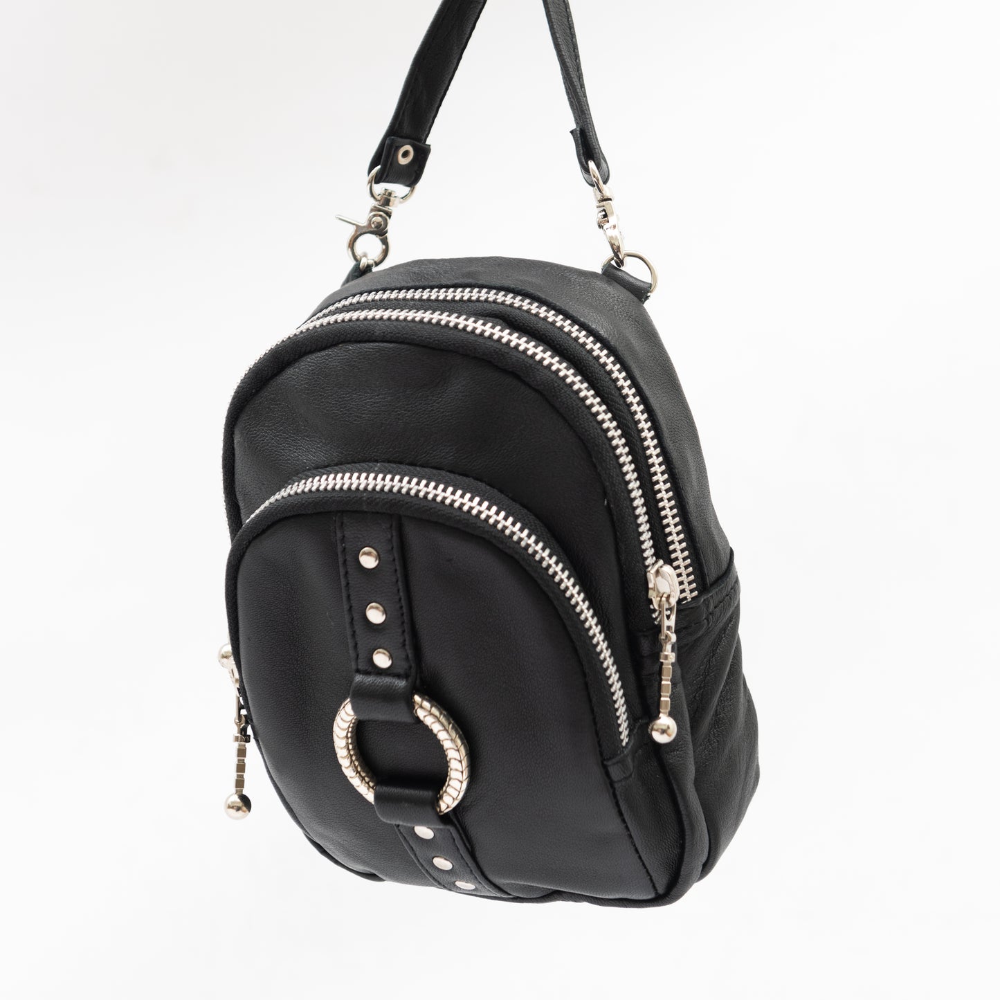 black leather travel bum bag with removable cross body straps