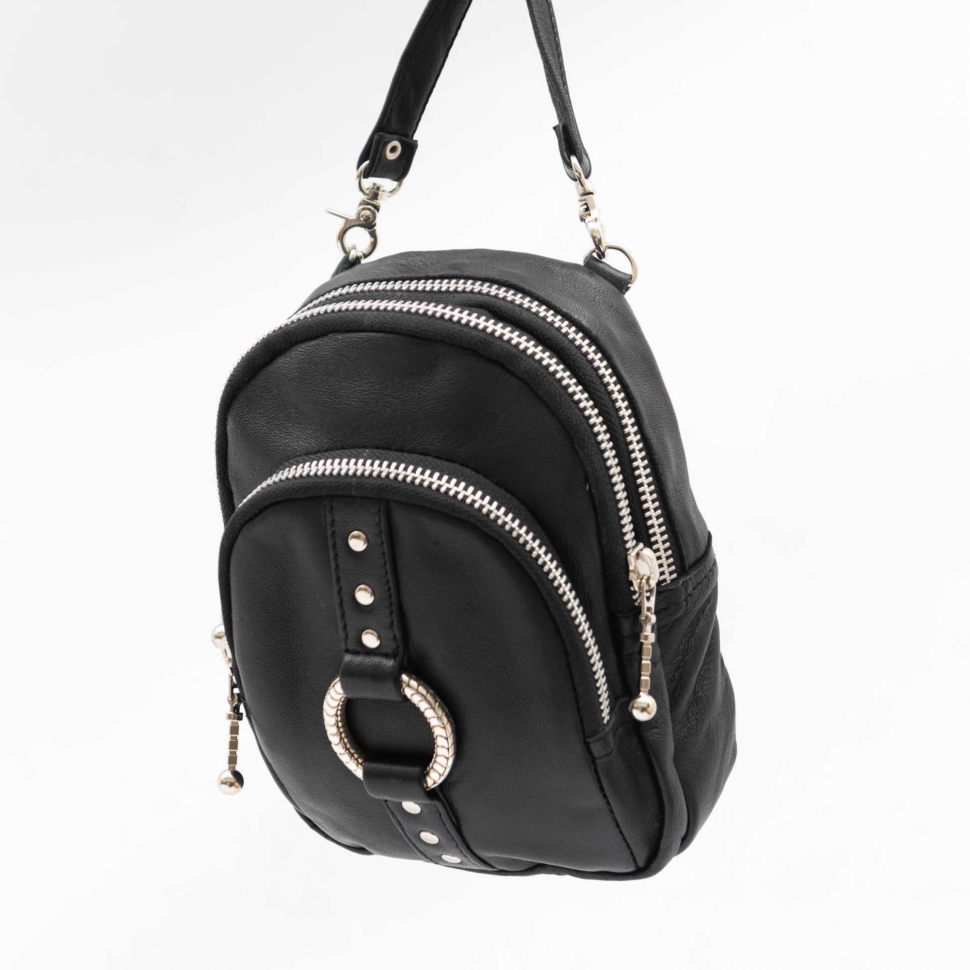 black leather travel bum bag with removable cross body straps