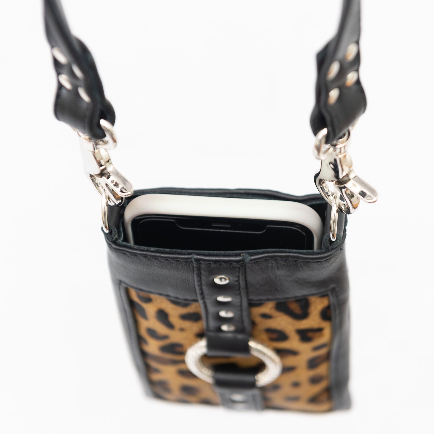 leopard print crossbody mobile phone holster bag with adjustable shoulder strap and leopard print cow hide, hand made designer iPhone pouch.