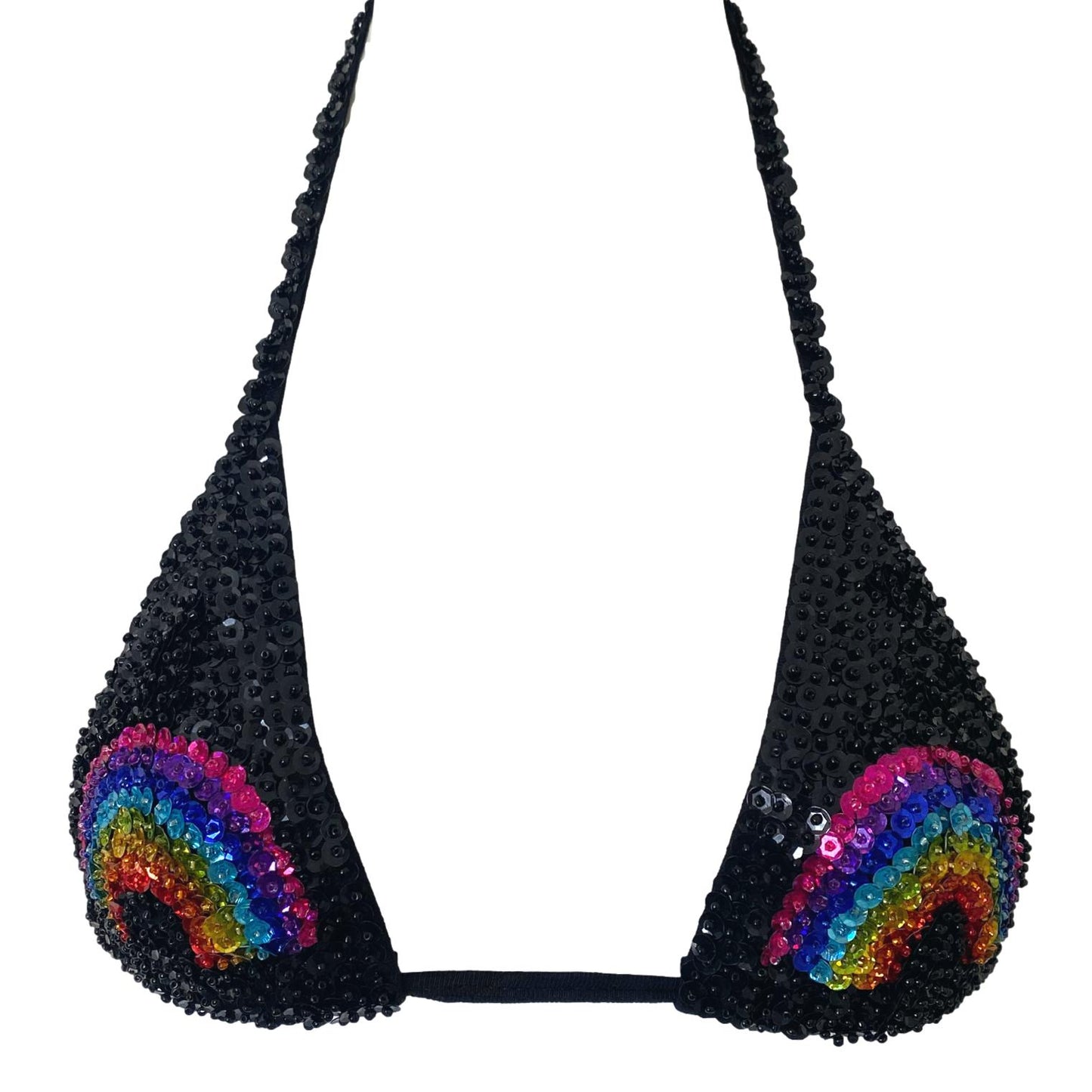 black sequin hand made triangle crop top with rainbow on the front for mardi gras or gay pride festival outfit