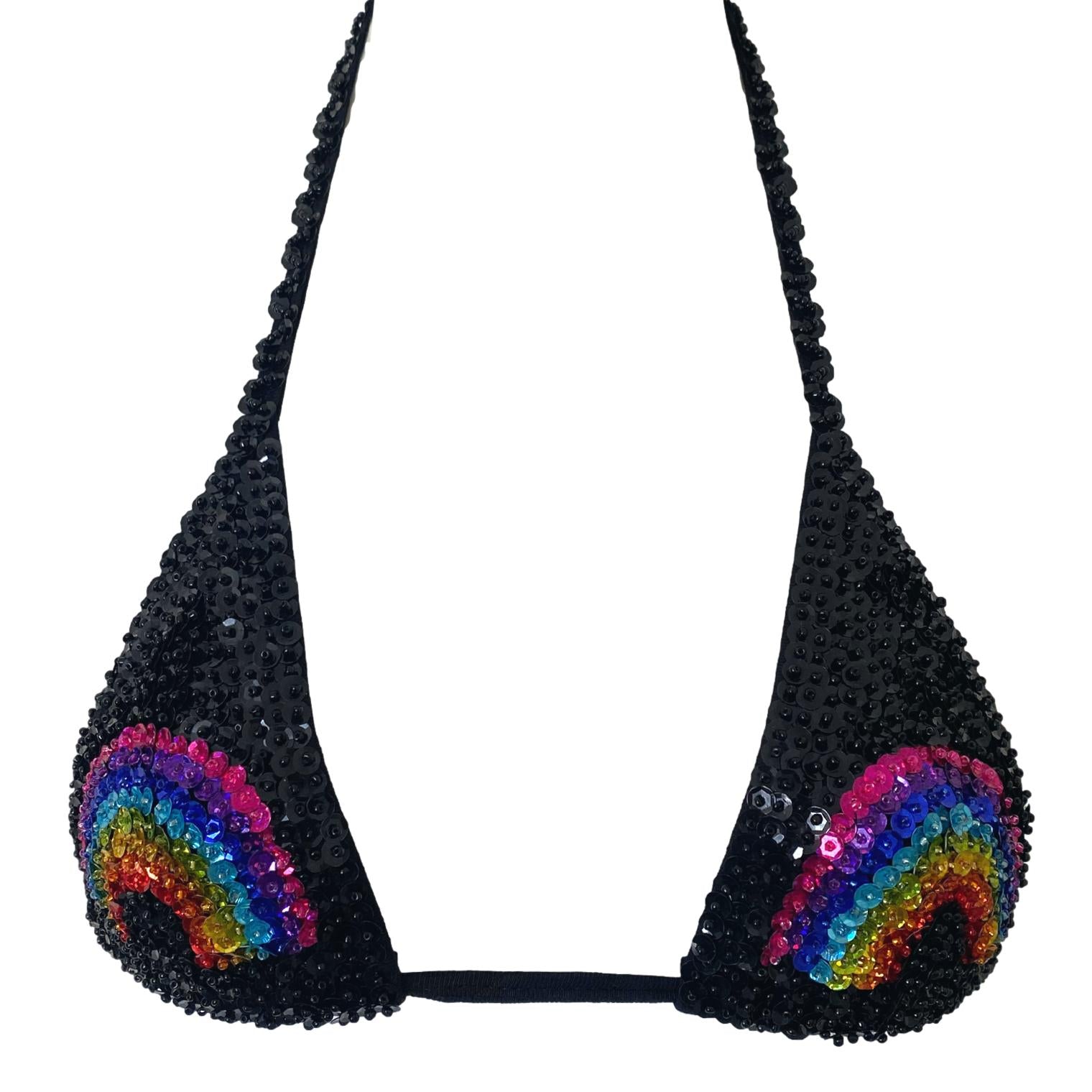 black sequin hand made triangle crop top with rainbow on the front for mardi gras or gay pride festival outfit