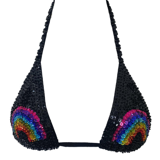 black sequin hand made triangle crop top with rainbow on the front for mardi gras or gay pride festival outfit