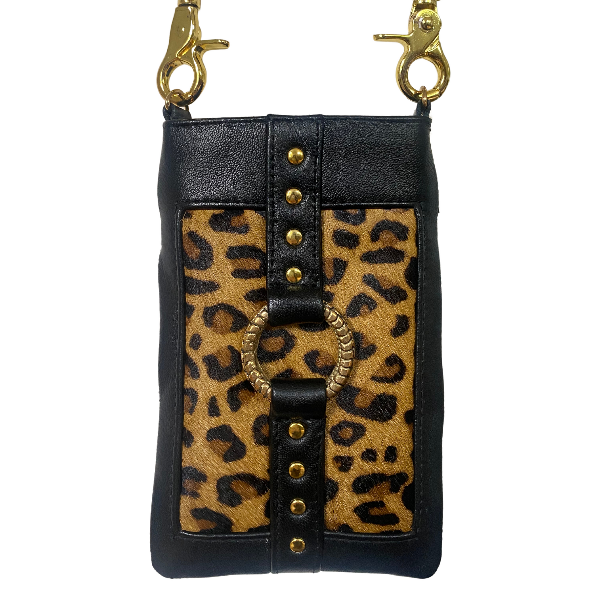 black leather and leopard print mobile phone holster crossbody carry bag for keeping your phone by your side.