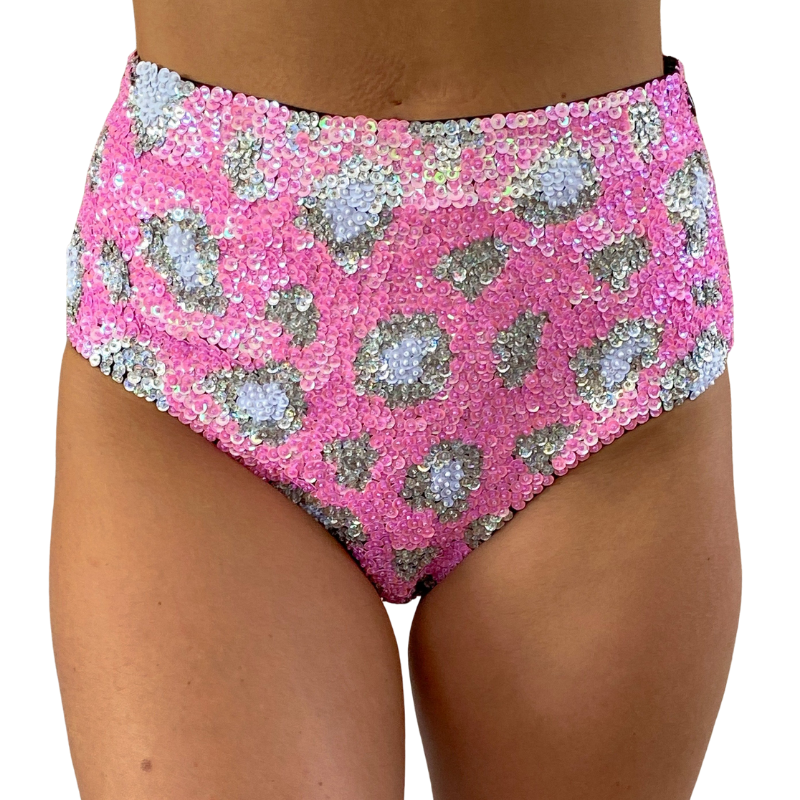 Absolute gorgeous handmade pink leopard print high waist shorts with hand sewn sequins.  Fit beautifully and wonderfully flattering. These sequin shorts are perfect for your festival outfit, rave wear, party wear or dress up costume.