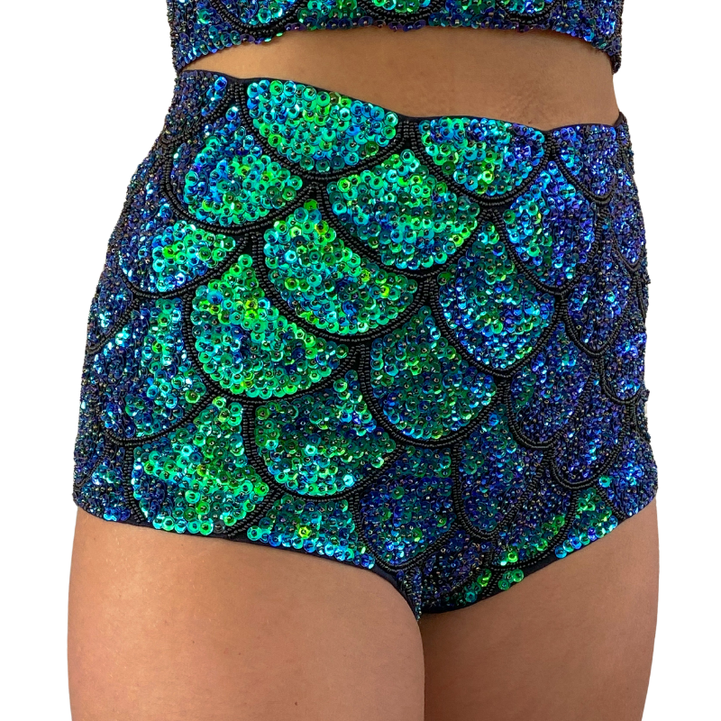 Mermaid Green Scales High Waisted Hot Pants, Booty Shorts, Bikini Bottom, club or rave wear, festival outfit, festival shorts, sequin booty shorts with high waist and mermaid design.