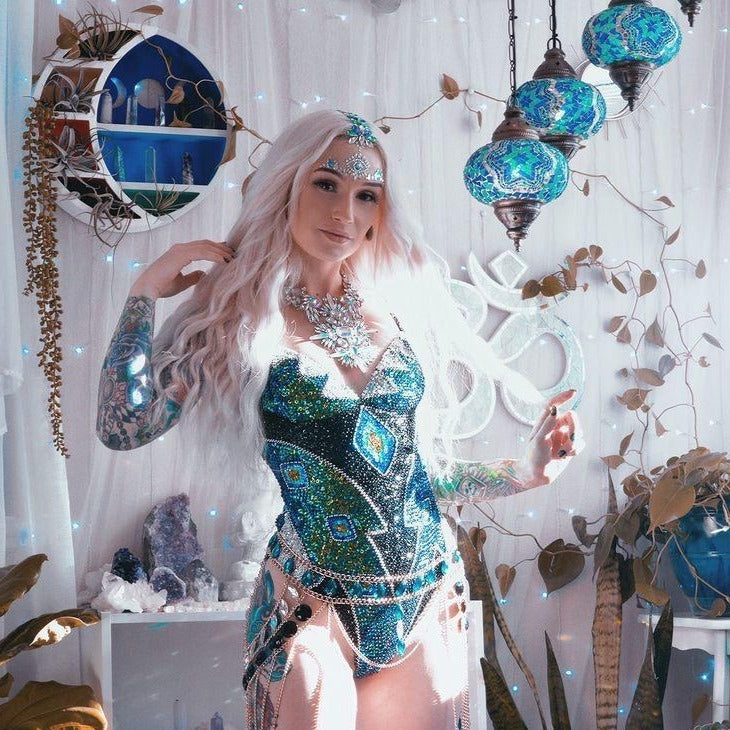 Sexy Women Beads Bodysuit Sequin Swimsuit RAVE Dancer One-Piece Outfit Costume Stage Performance Leotard show girls, beautiful hand sequinned mermaid green/blue and black sequin bodysuit, pole dancer outfit, festival wear, rave outfit, EDC.