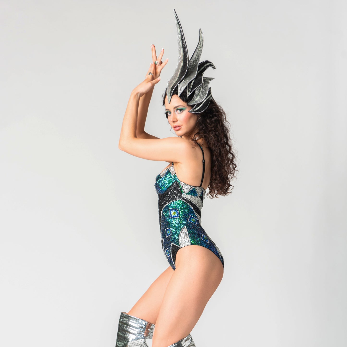 festival outfit with handmade sequin bodysuit, side view.