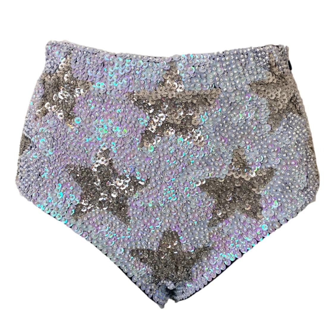 Handmade white and silver sequin high waist festival shorts with star design. Perfect for bridal party outfits, hen do outfits, hen party costumes, Henchella, and festival theme bachelorette parties. Stylish, sparkly hens hot pants for standout fashion.