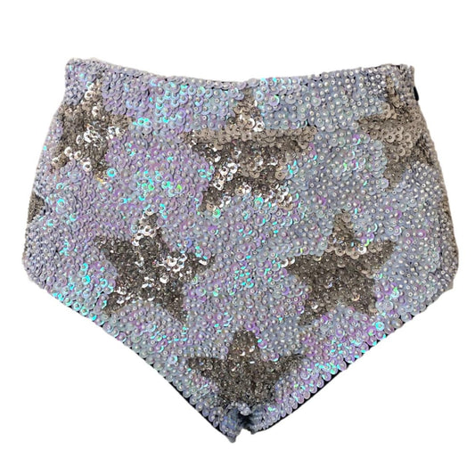 Handmade white and silver sequin high waist festival shorts with star design. Perfect for bridal party outfits, hen do outfits, hen party costumes, Henchella, and festival theme bachelorette parties. Stylish, sparkly hens hot pants for standout fashion.