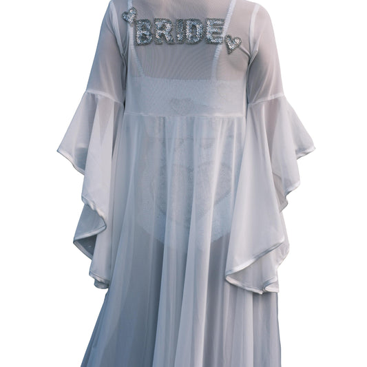 Handmade ivory mesh bridal kimono with hand-beaded 'Bride' in sequins on the back. Perfect for hens parties, bachelorette celebrations, bridal showers, or as a bride gown for the morning of the wedding.