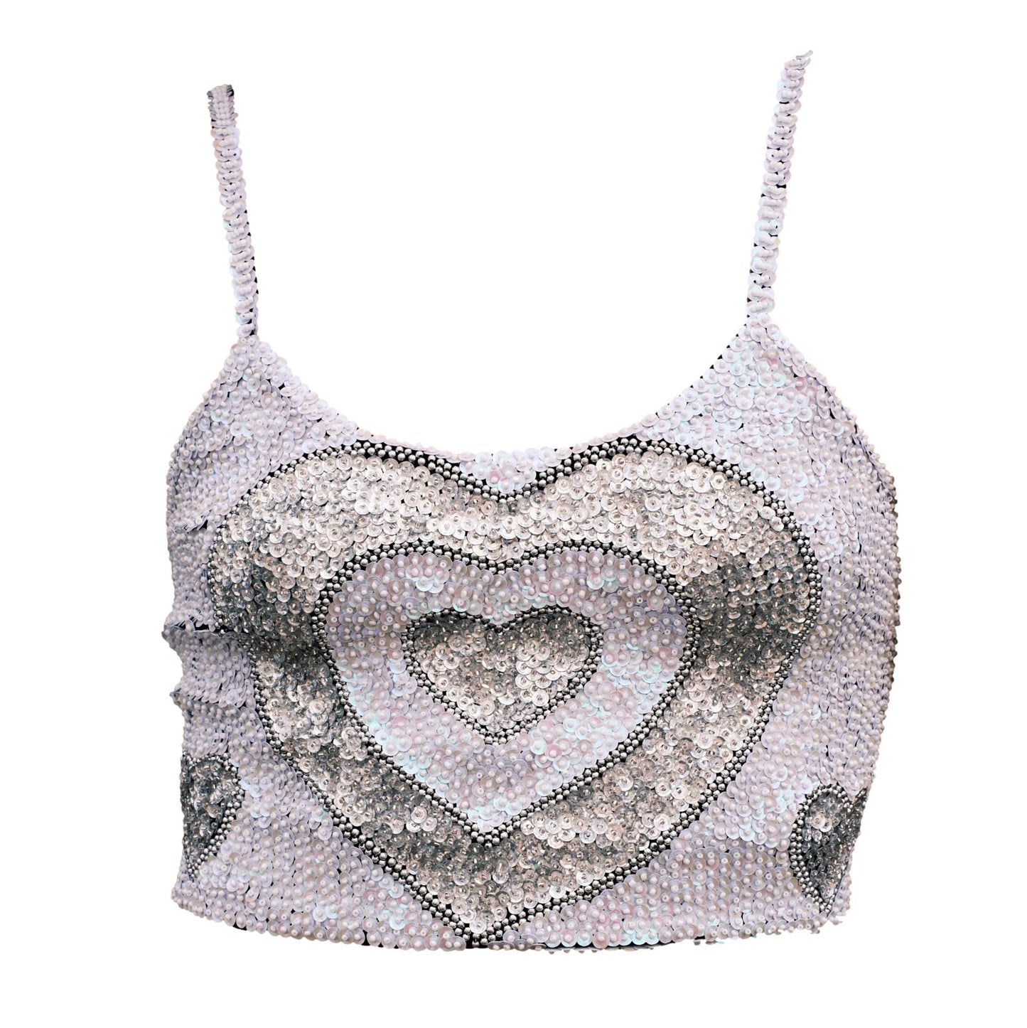 Handmade sequin crop top featuring holographic silver and pearl white love hearts. Perfect for a matching festival set or hens party outfit, ideal for bachelorette celebrations with a festival theme.