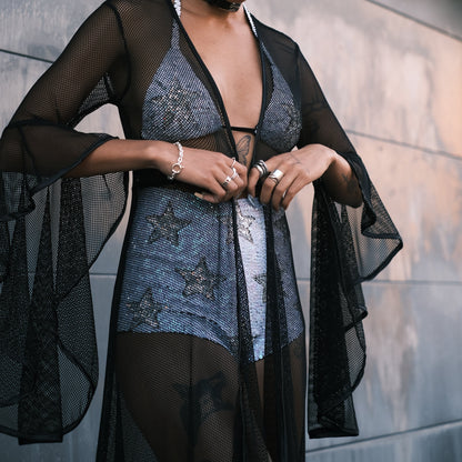 Fishnet kimono designed for Burning Man fashion, adding an edgy and bold touch to your festival outfit. Ideal for a standout look at major festivals.