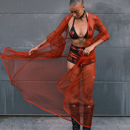 Bold red mesh kimono for Bonnaroo and Burning Man. Perfect for adding a unique, stylish layer to your festival outfit.