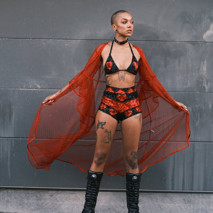 Elegant red mesh kimono for Austin City Limits and Burning Man. Ideal for layering over festival outfits with a stylish, handmade touch.