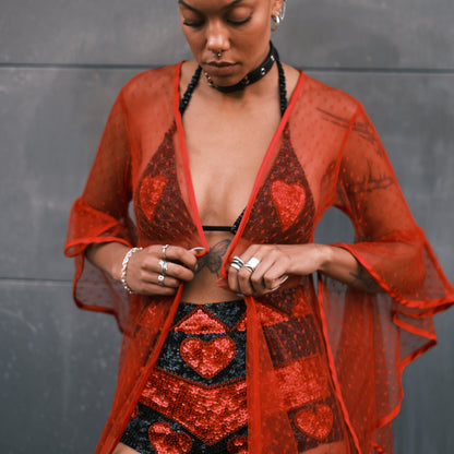 Bright red mesh kimono for Electric Daisy Carnival and Burning Man, designed to enhance your festival attire with a striking and vibrant look.