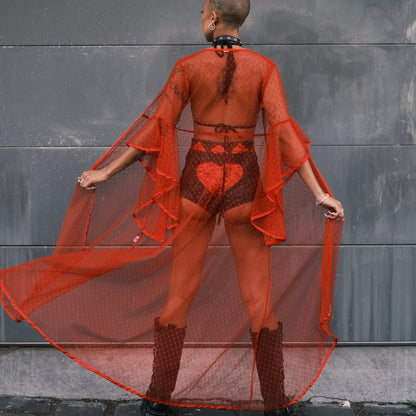 Bright red mesh kimono for Electric Daisy Carnival and Burning Man. Enhances festival outfits with its vibrant and striking design.