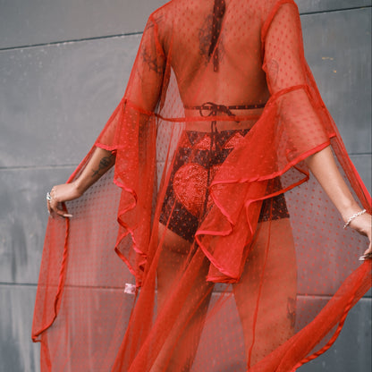 Red mesh kimono perfect for layering over festival outfits at Coachella and Burning Man. Handmade design adds a bold touch to your look.