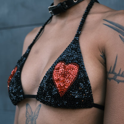 Black and red sequin crop top with love heart designs on the breasts, handmade for festival outfits. Perfect for Burning Man and Shambhala, pairs with matching hot pants.