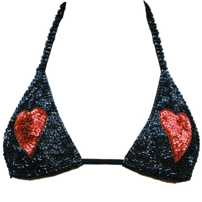 Handmade black and red sequin crop top with love heart designs on the breasts, perfect for festival outfits. Complements matching hot pants for Burning Man and Shambhala.