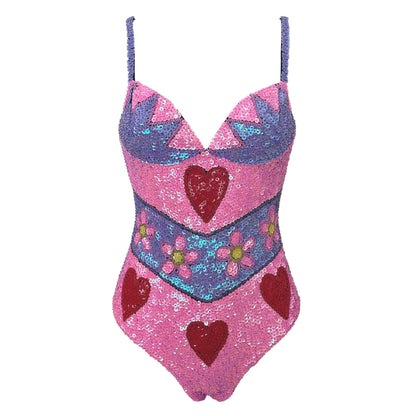 Handmade bodysuit in vibrant pink and purple with floral sequins. Perfect for festival outfits and Taylor Swift Eras Tour outfit ideas. Chic, soft, and ideal for a bold fashion statement.