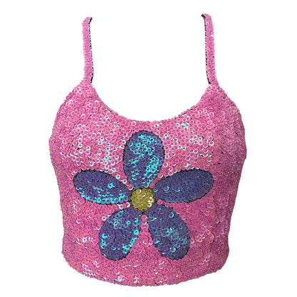 Handmade crop top in vibrant pink and purple with floral sequins. Perfect for festival outfits and Taylor Swift Eras Tour outfit ideas. Stylish and comfortable design for a standout look.