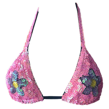 Handmade bikini crop top in vibrant pink and purple with floral sequins. Perfect for festival outfits and Taylor Swift Eras Tour outfit ideas. Soft, stylish, and ideal for a standout look.