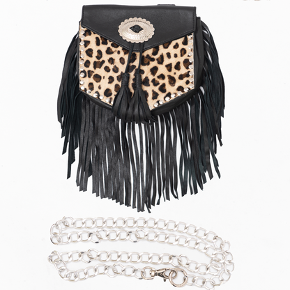 hand made black leather and leopard print belt bag with chain belt for festival fashion