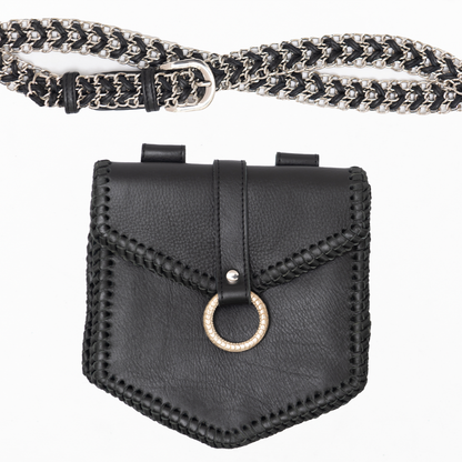 Berlin Belt Bag, festival bag, black leather bumbag with silver hardware, silver chain belt, sleek and sexy, feminine, petite.