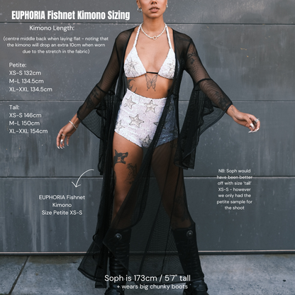 Stylish fishnet kimono in a soft, comfortable, and bouncy material. Adds a sexy and edgy layer to your alt fashion and festival outfits.