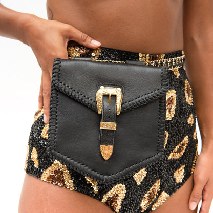 Gold Buckled Belt Bag, hands free festival bag, hand made leather belt bag for burning man festival or EDC festival.