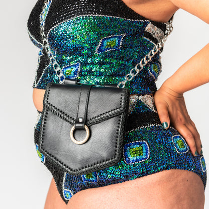 Festival Fashion, festival girl, bondage fashion, party wear, festival outfit, leather belt bag, leather bumbag.