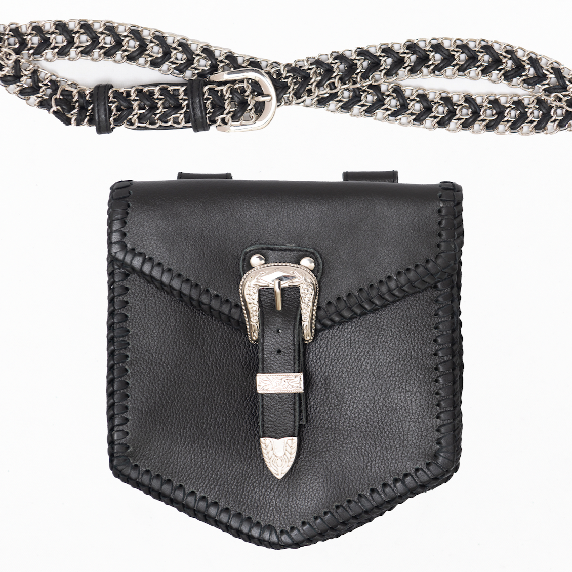 black leather belt bag with silver buckle on the front and woven chain and leather belt